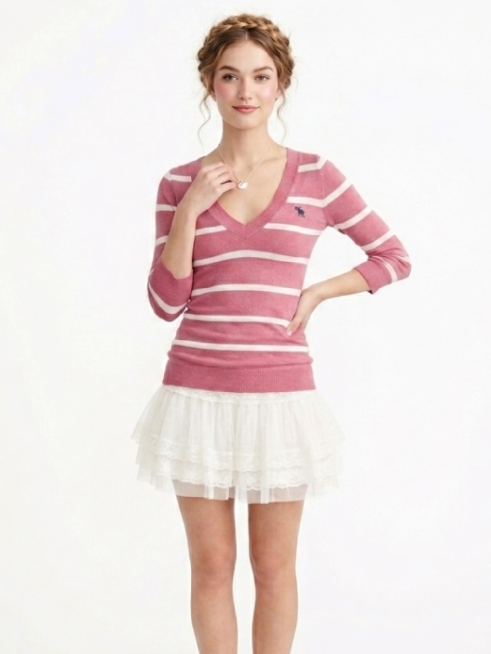 Y2K Abercrombie & Fitch Striped V Neck Sweater M Pink Swancore Coquette Preppy